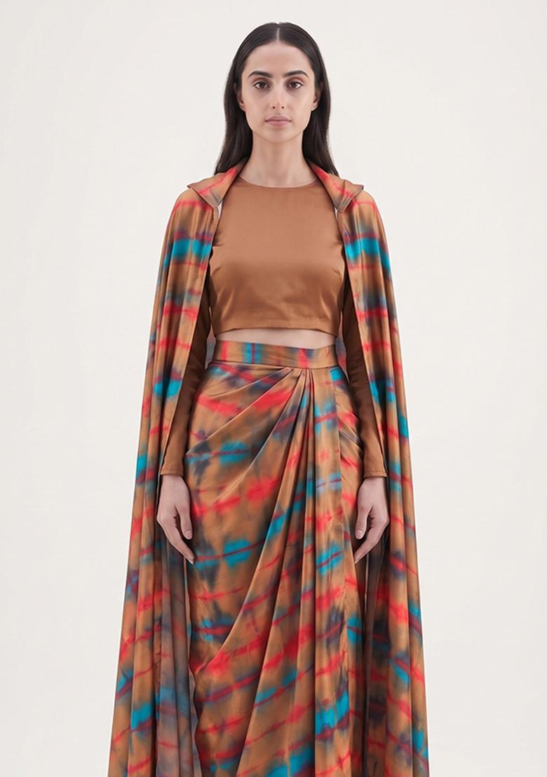 Multi Color Tie and Dye Satin Fusion Set - Indya