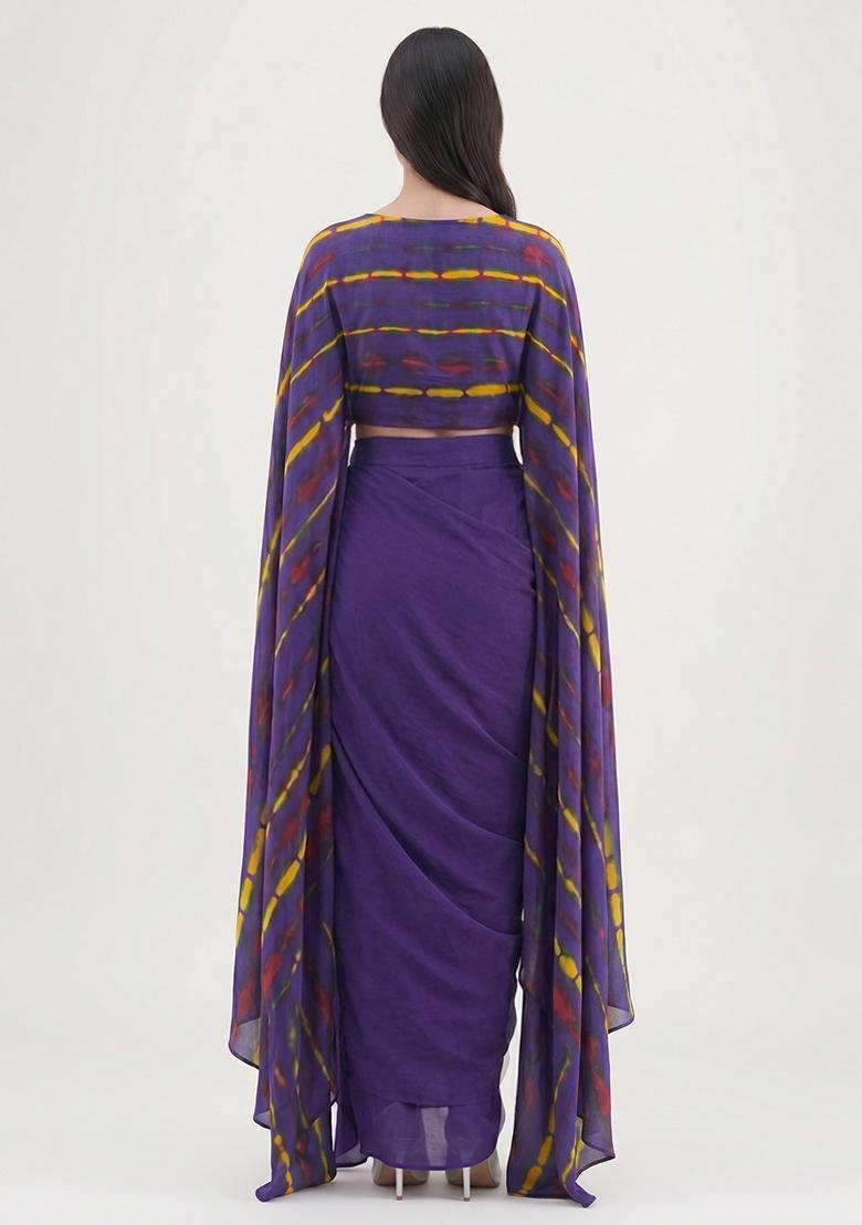 Purple Multi Tie and Dye Satin Fusion Set - Indya