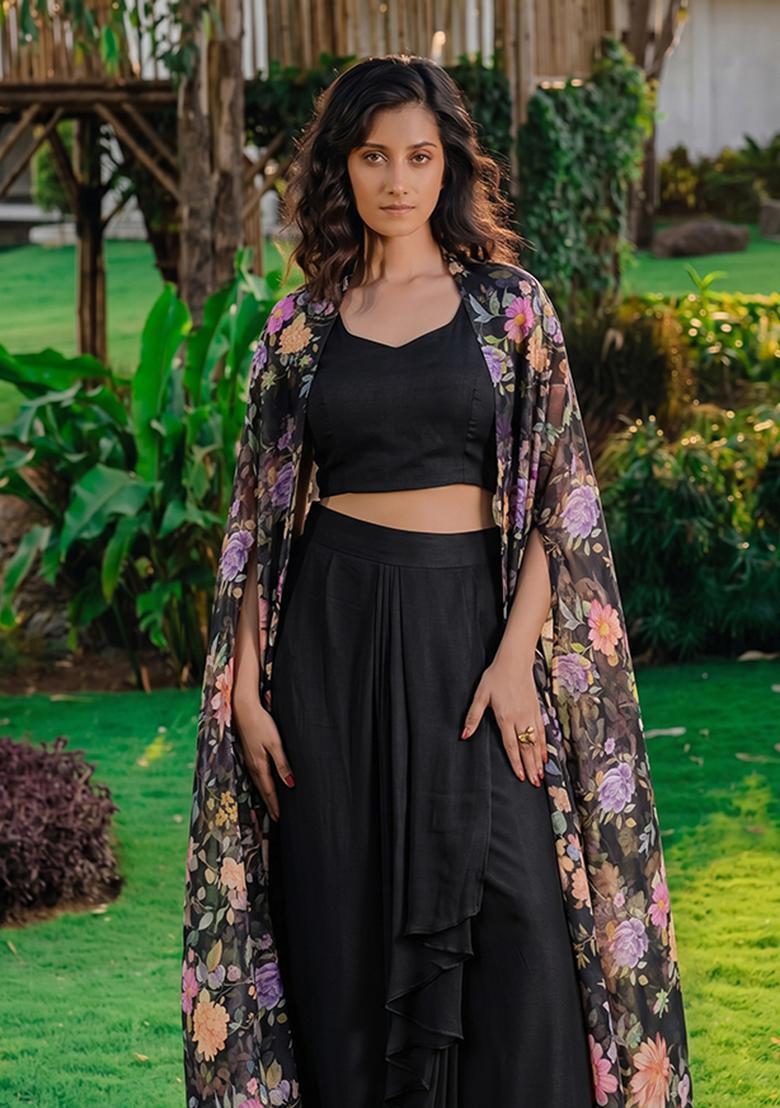 Black Printed Silk Fusion Set - Indya