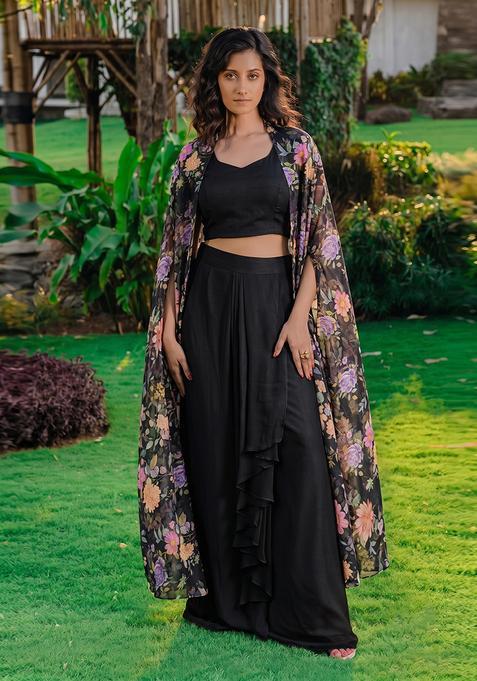 Black Printed Silk Fusion Set