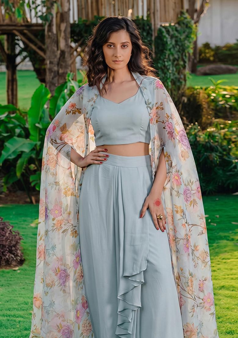Sky Blue Solid Silk Fusion Set - Indya