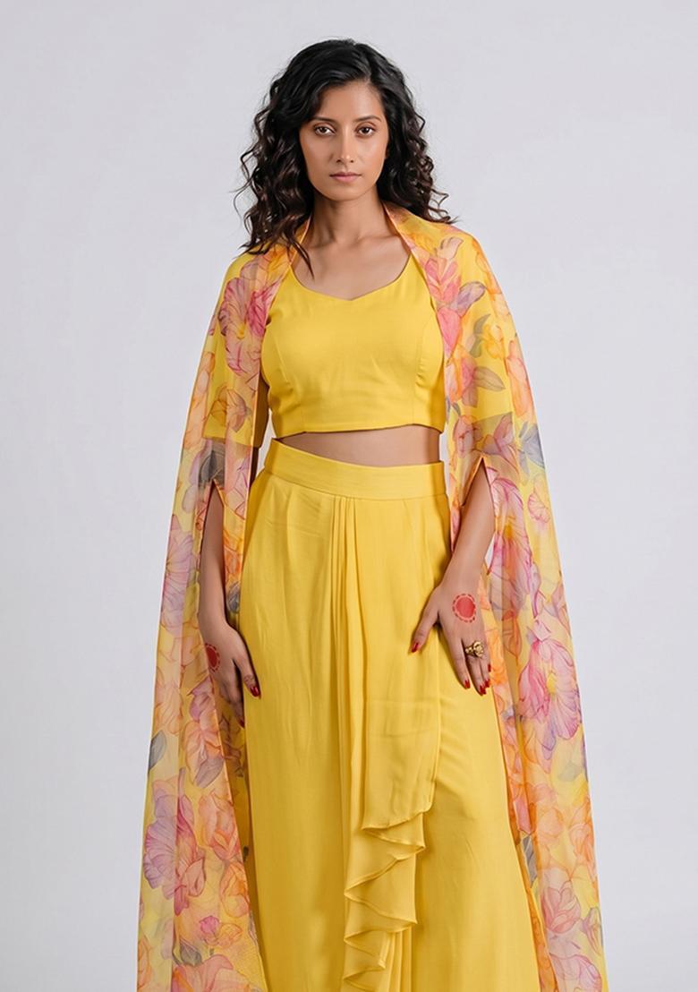 Lemon Yellow Printed Silk Fusion Set - Indya