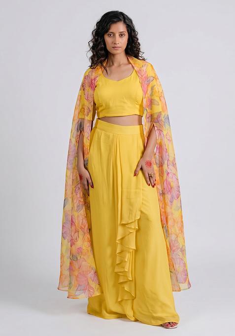 Lemon Yellow Crepe Floral Print Fusion Set