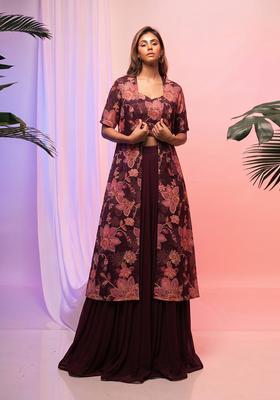 Wine Printed Organza Fusion Set