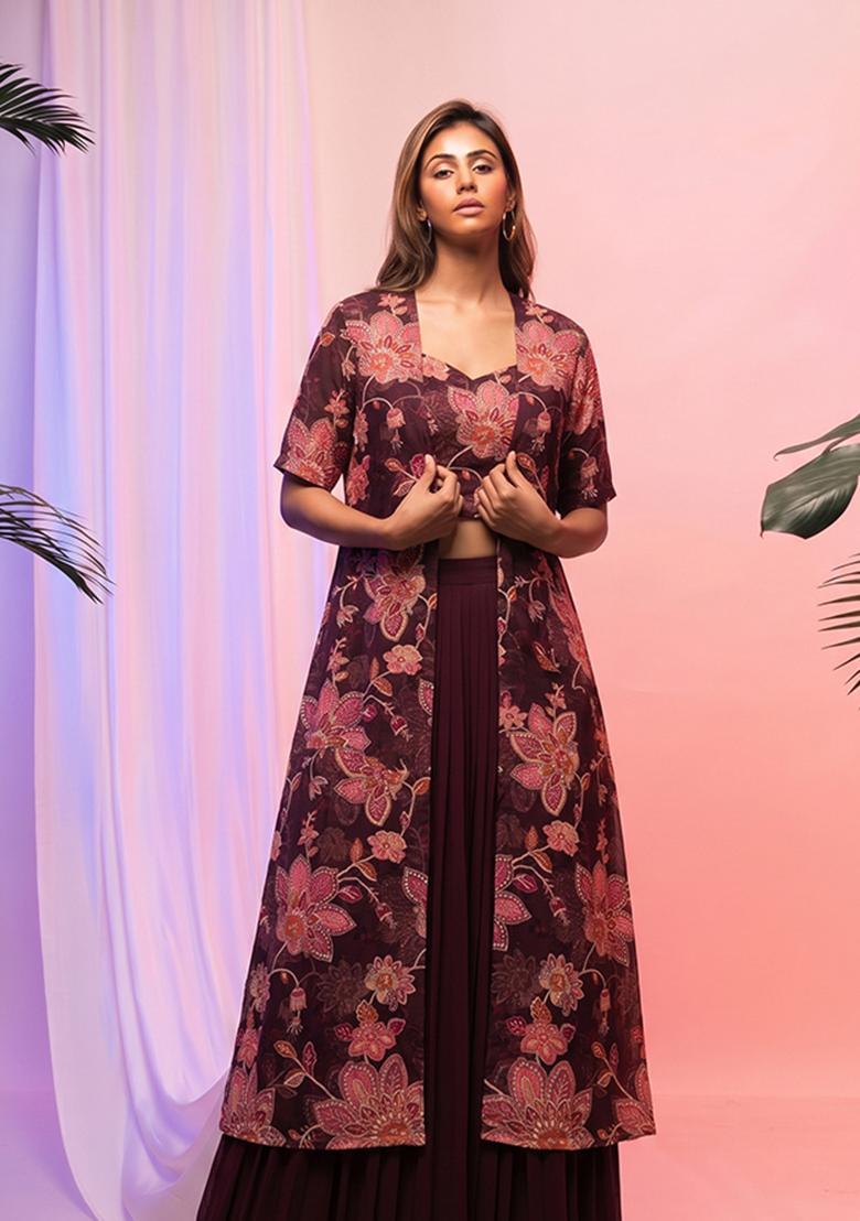 Wine Printed Organza Fusion Set - Indya