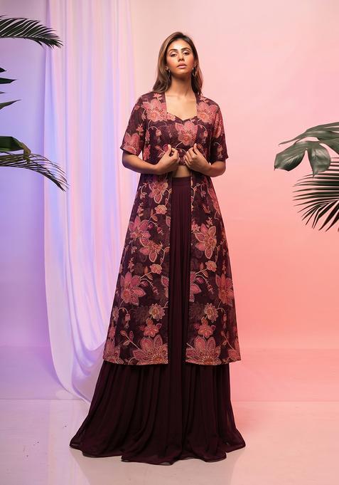 Wine Printed Organza Fusion Set
