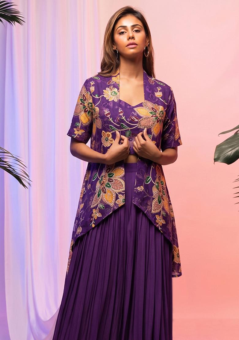Purple Printed Organza Fusion Set - Indya