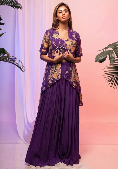 Purple Printed Organza Fusion Set