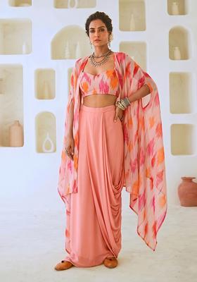 Peach Printed Chiffon Fusion Set