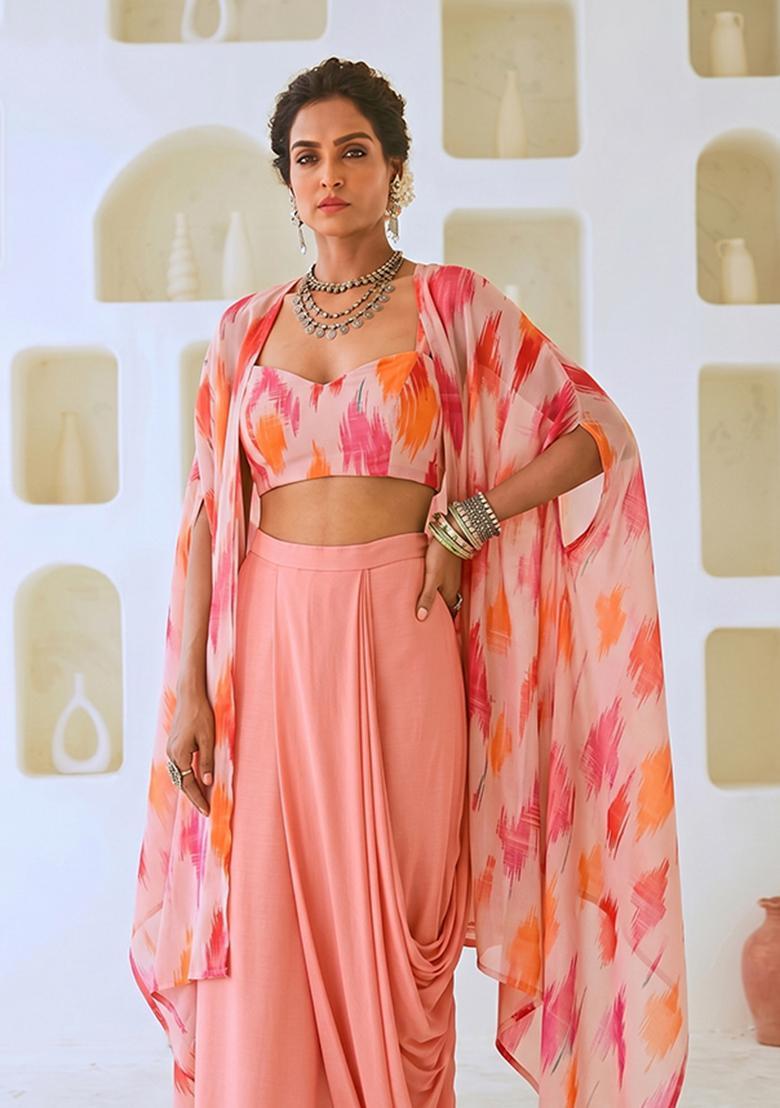 Peach Printed Chiffon Fusion Set - Indya