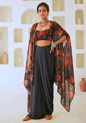 Charcoal Black Printed Georgette Fusion Set