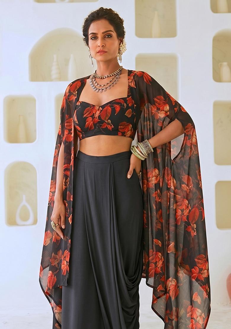 Charcoal Black Printed Georgette Fusion Set - Indya