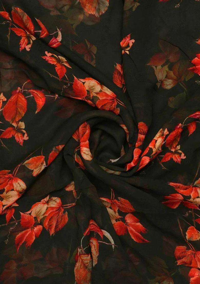 Charcoal Black Printed Georgette Fusion Set - Indya