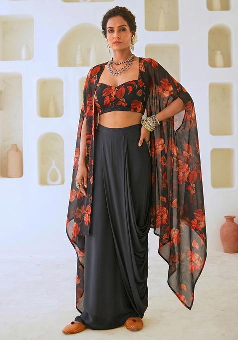 Charcoal Black Printed Georgette Fusion Set