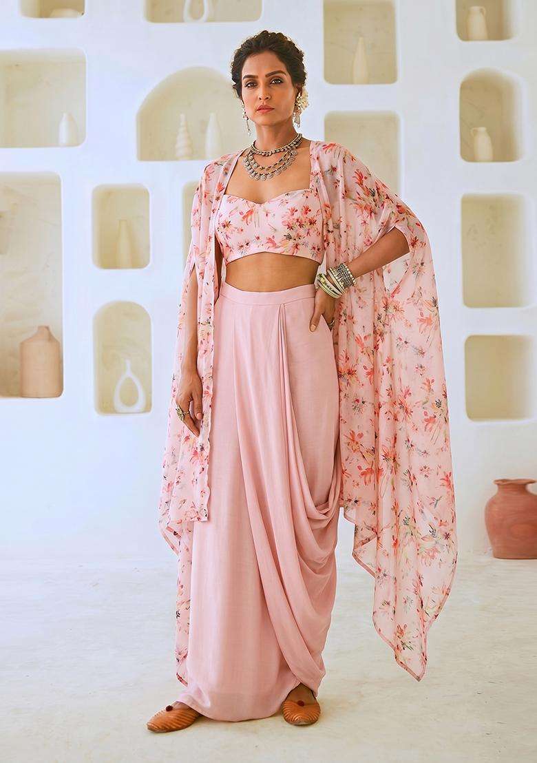 Blush Pink Printed Muslin Fusion Set - Indya