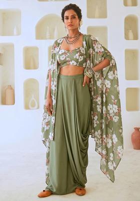 Olive Green Printed Muslin Fusion Set