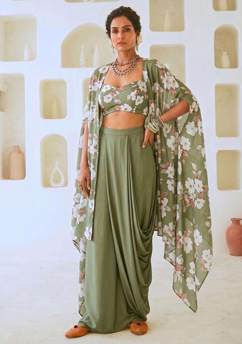 Olive Green Printed Muslin Fusion Set - Indya