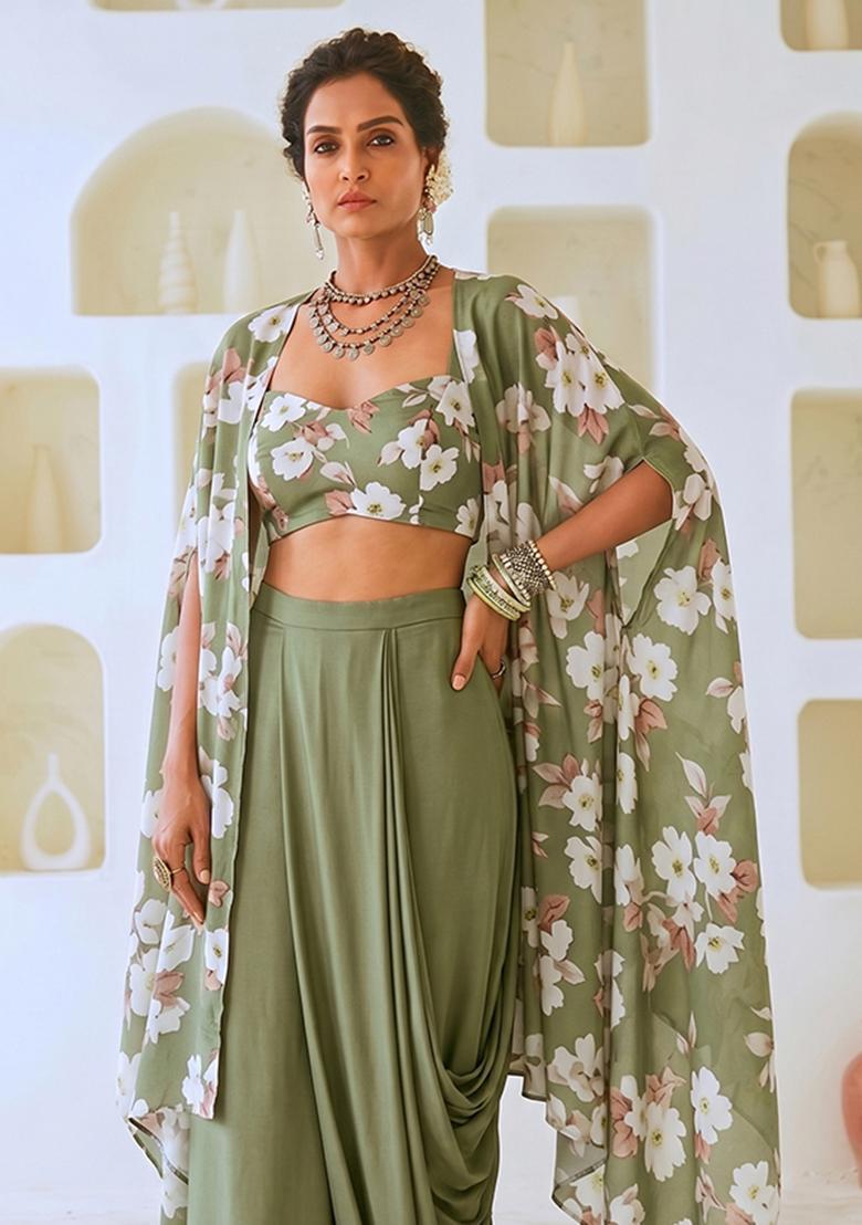 Olive Green Printed Muslin Fusion Set - Indya