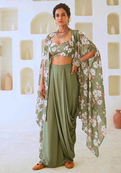 Olive Green Printed Muslin Fusion Set