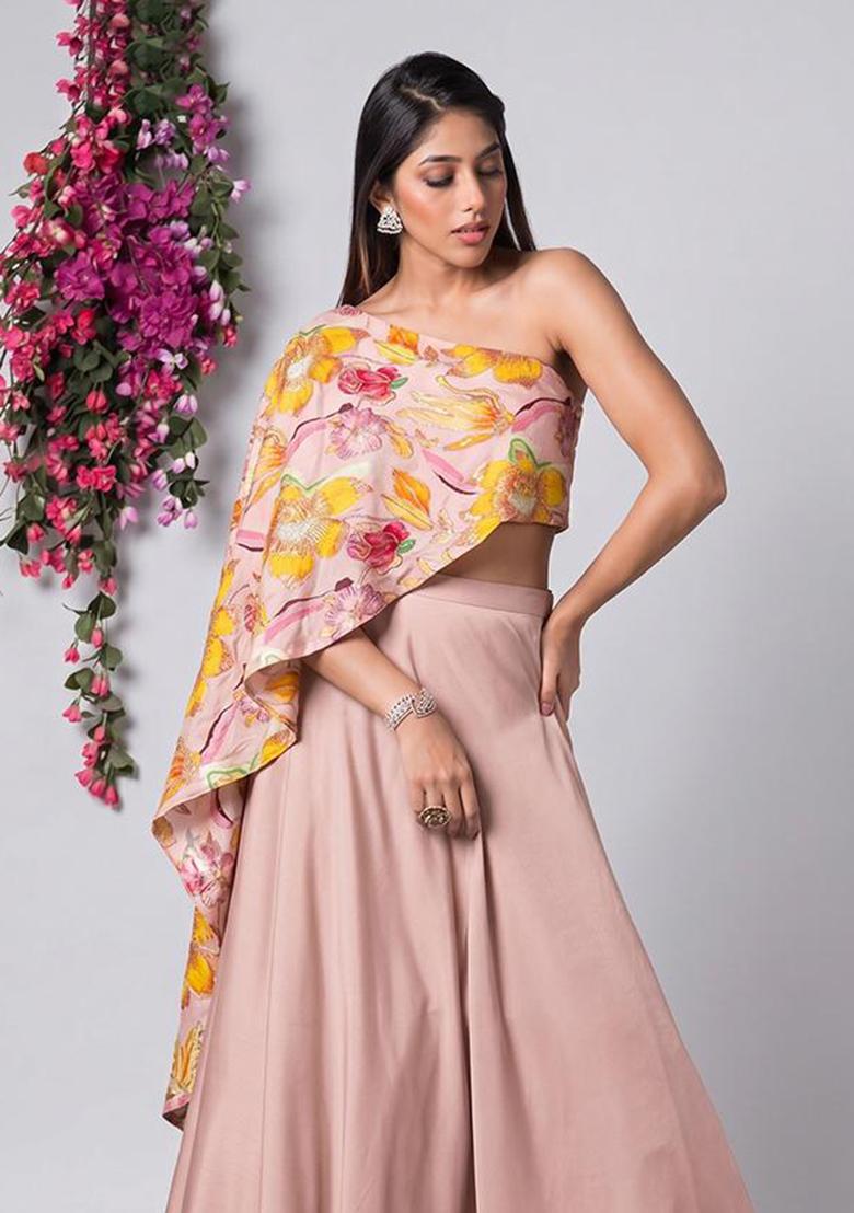 Dust Rose Pink Silk Blend Floral Print Fusion Set - Indya