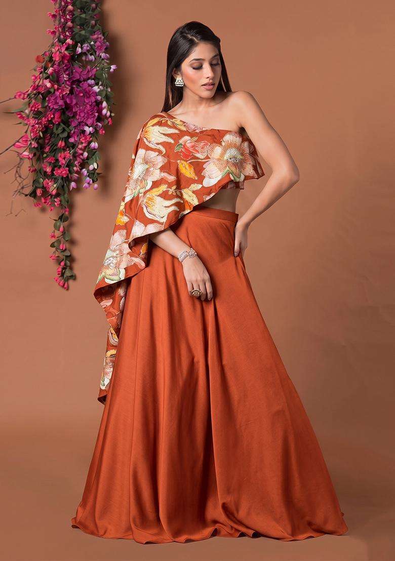 Rust Printed Chinon Fusion Set - Indya