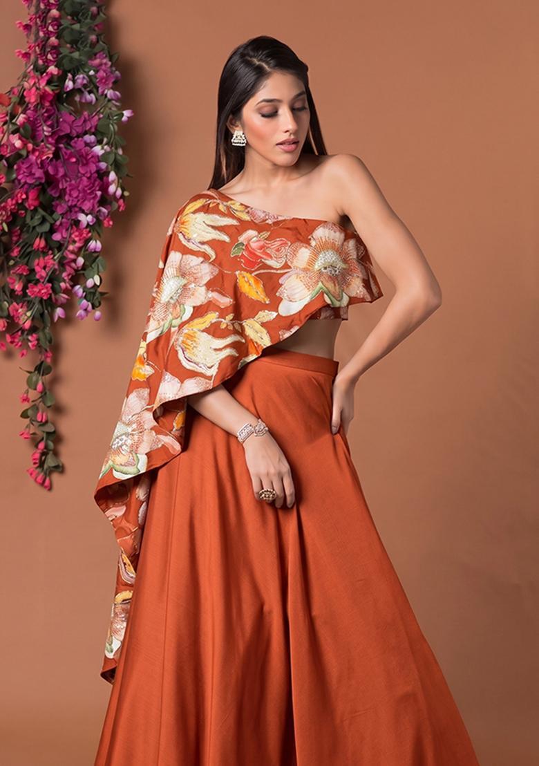 Rust Printed Chinon Fusion Set - Indya