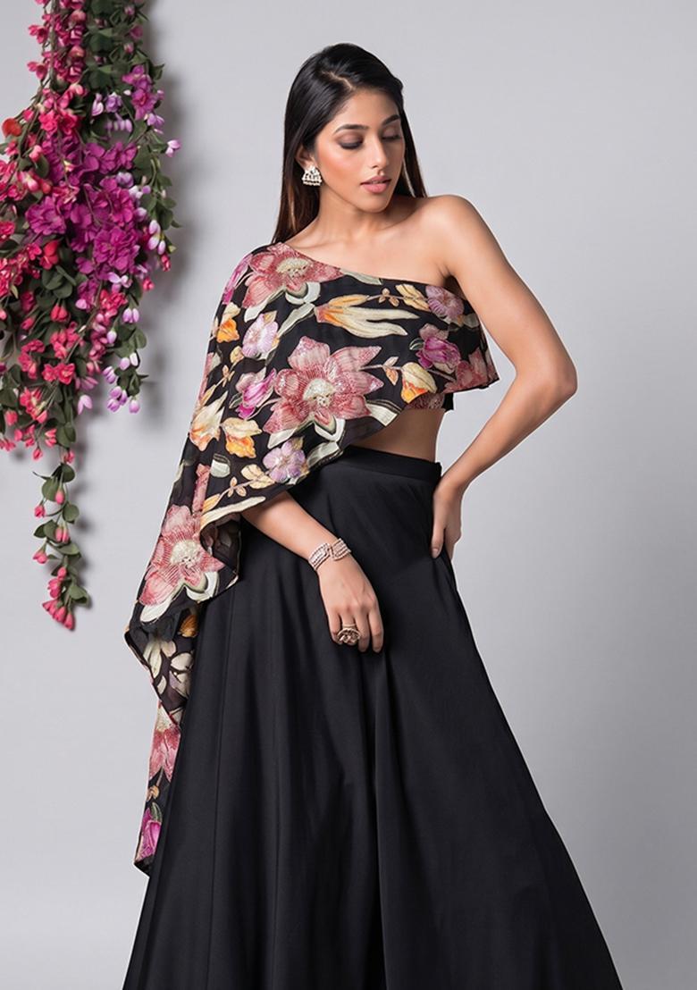 Black Printed Chinon Fusion Set - Indya