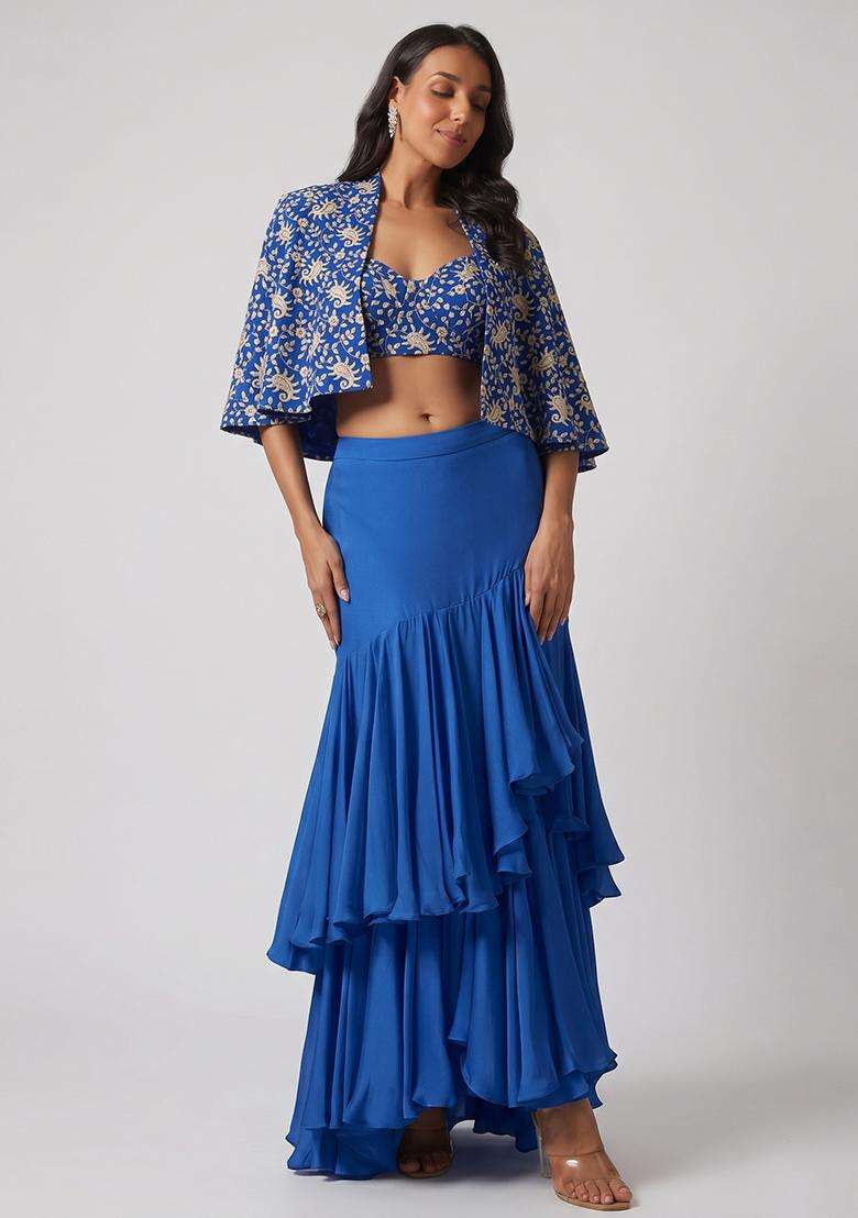 Royal Blue Sequin Georgette Fusion Set - Indya