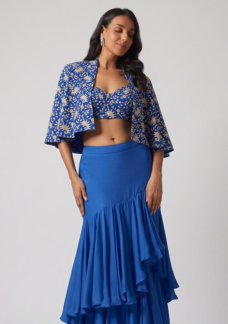 Royal Blue Sequin Georgette Fusion Set - Indya
