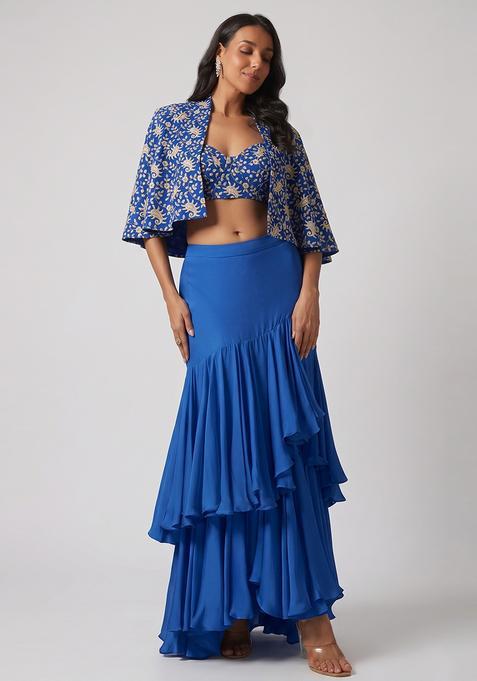 Royal Blue Sequin Georgette Fusion Set