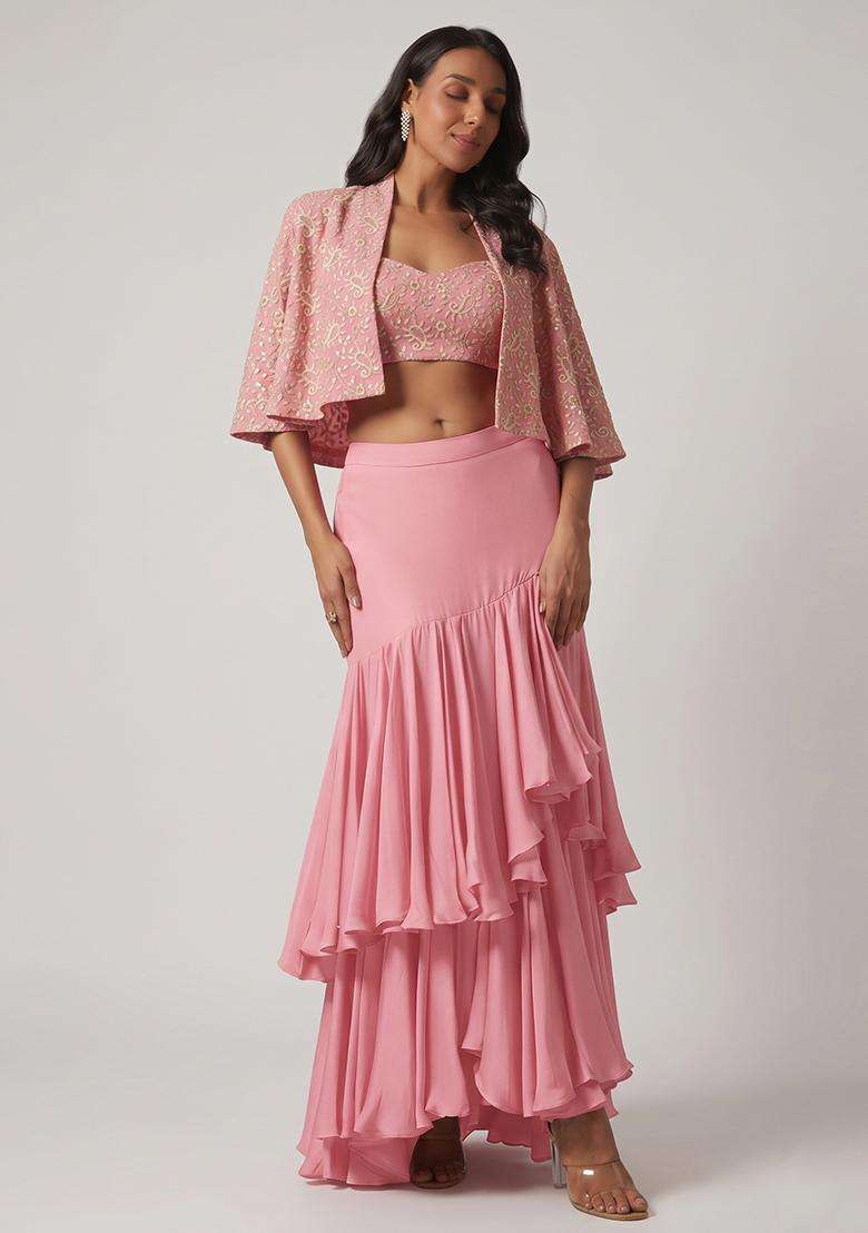 Baby Pink Sequin Georgette Fusion Set - Indya