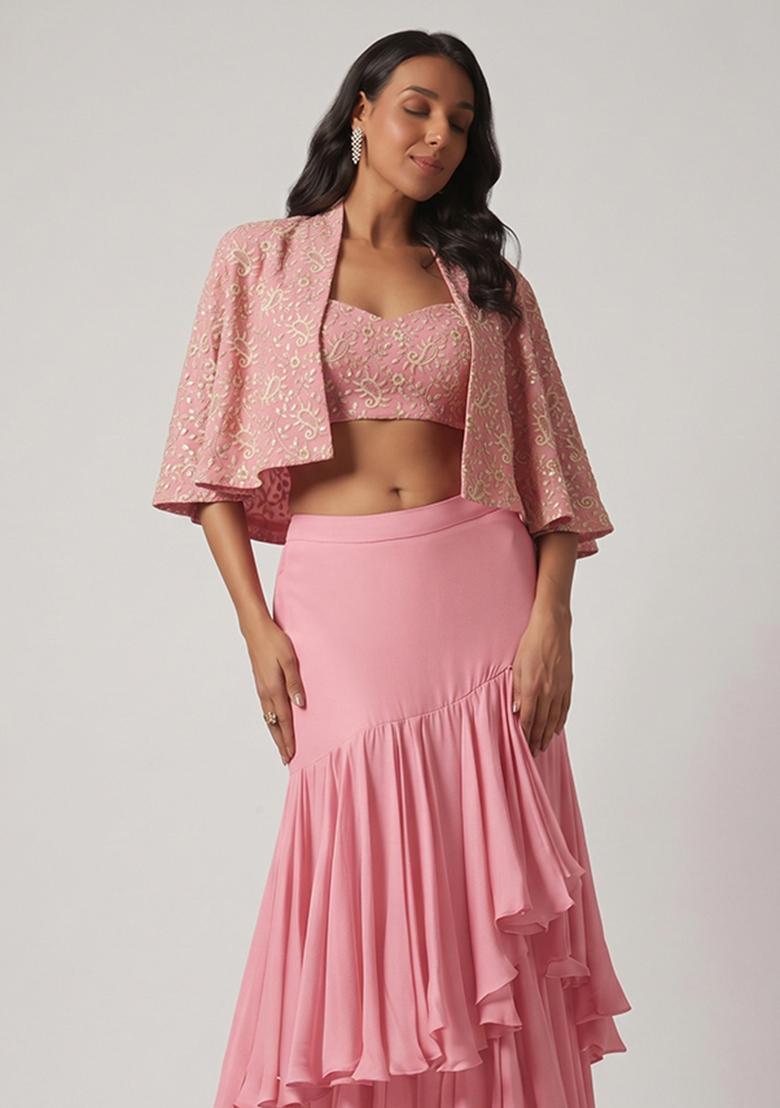 Baby Pink Sequin Georgette Fusion Set - Indya