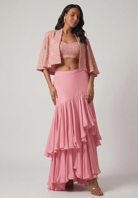 Baby Pink Silk Blend Embroidered Fusion Set