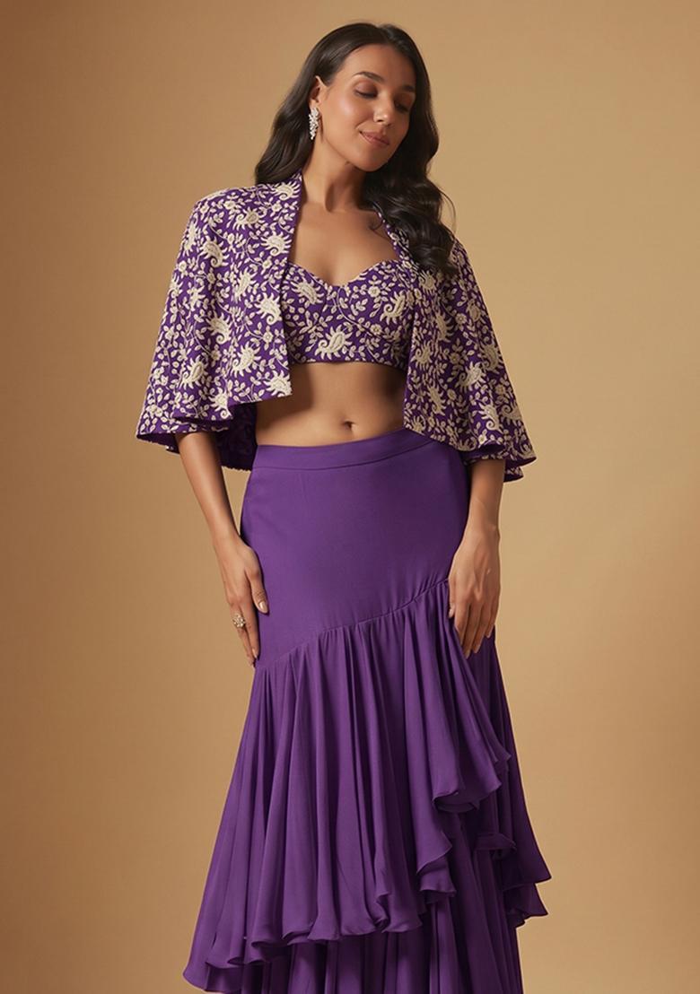 Purple Sequin Georgette Fusion Set - Indya