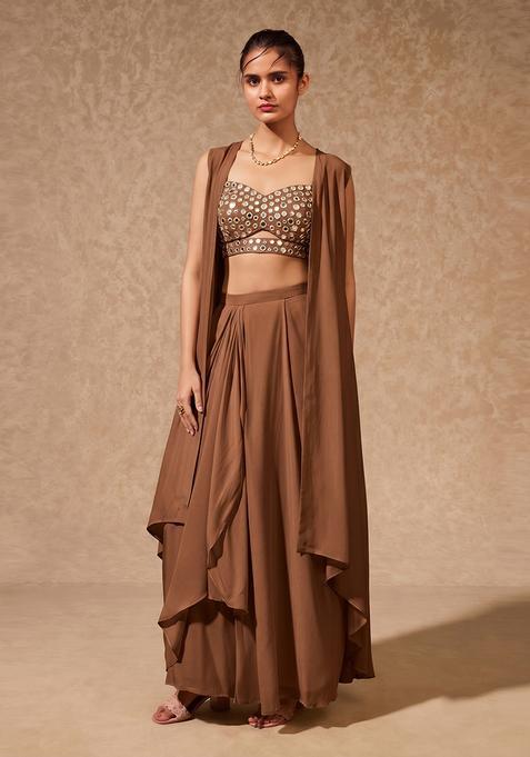 Brown Silk Blend Mirror Work Fusion Set