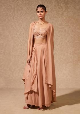 Peach Mirror Work Silk Fusion Set