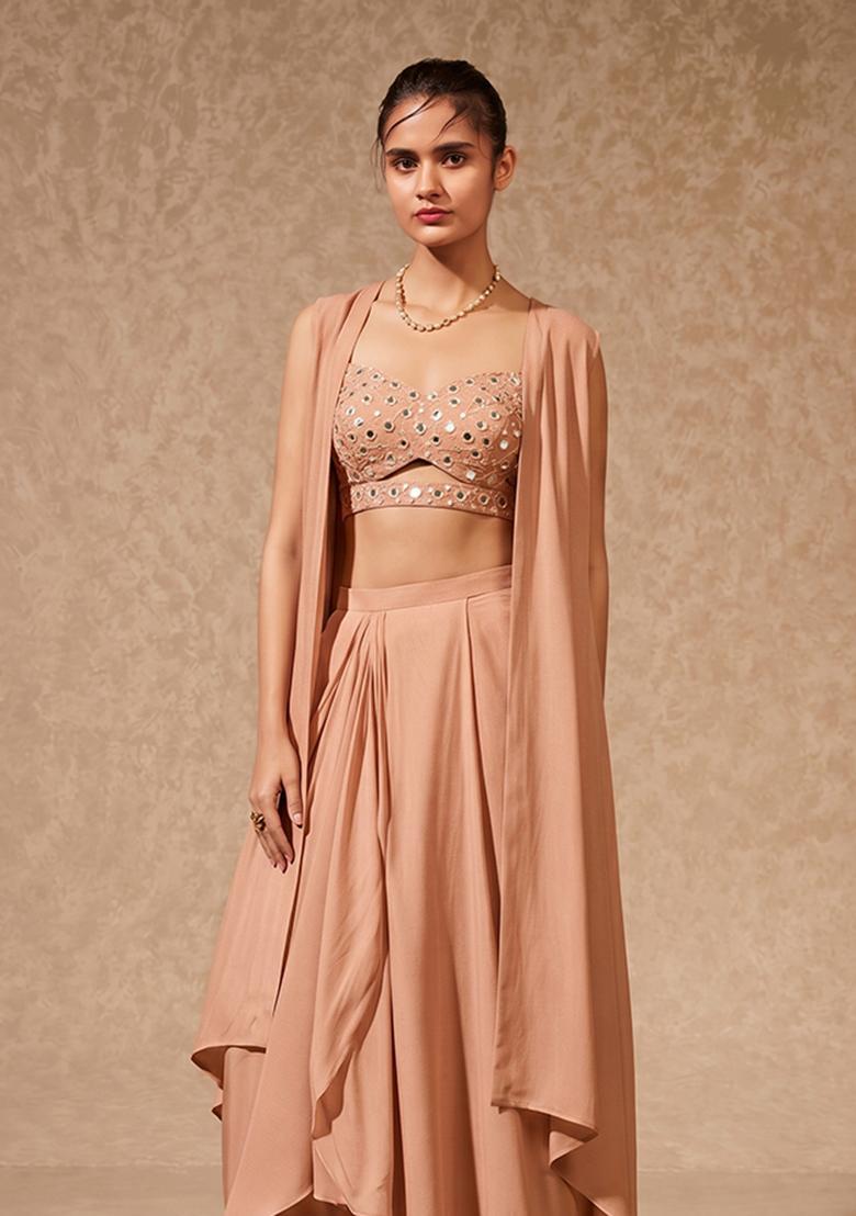 Peach Mirror Work Silk Fusion Set - Indya
