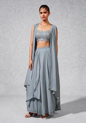 Slate Grey Mirror Work Silk Fusion Set