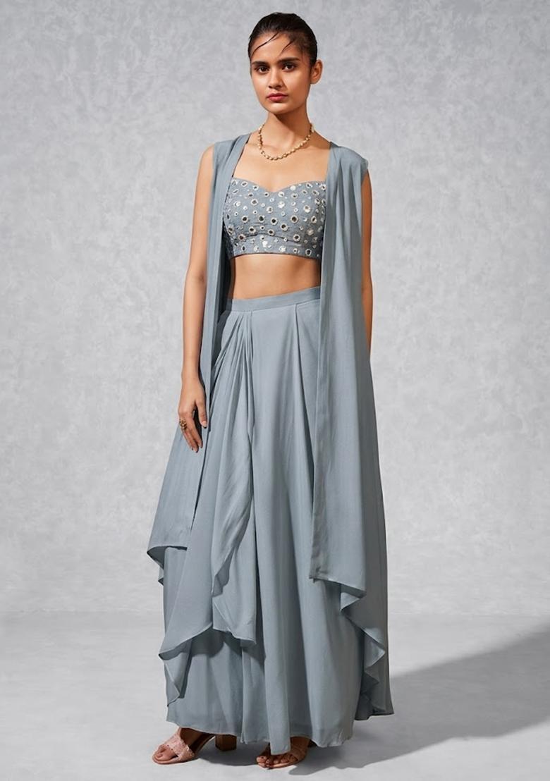 Slate Grey Mirror Work Silk Fusion Set - Indya
