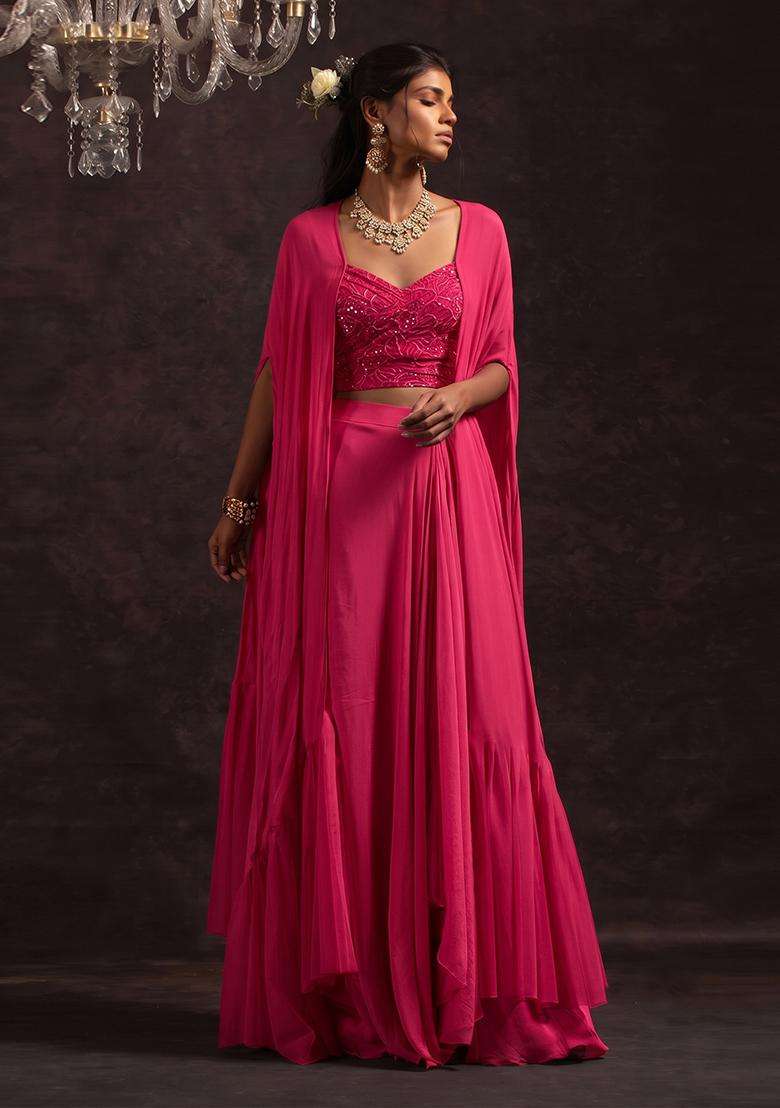 Rani Pink Embroidered Viscose Lehenga Set - Indya
