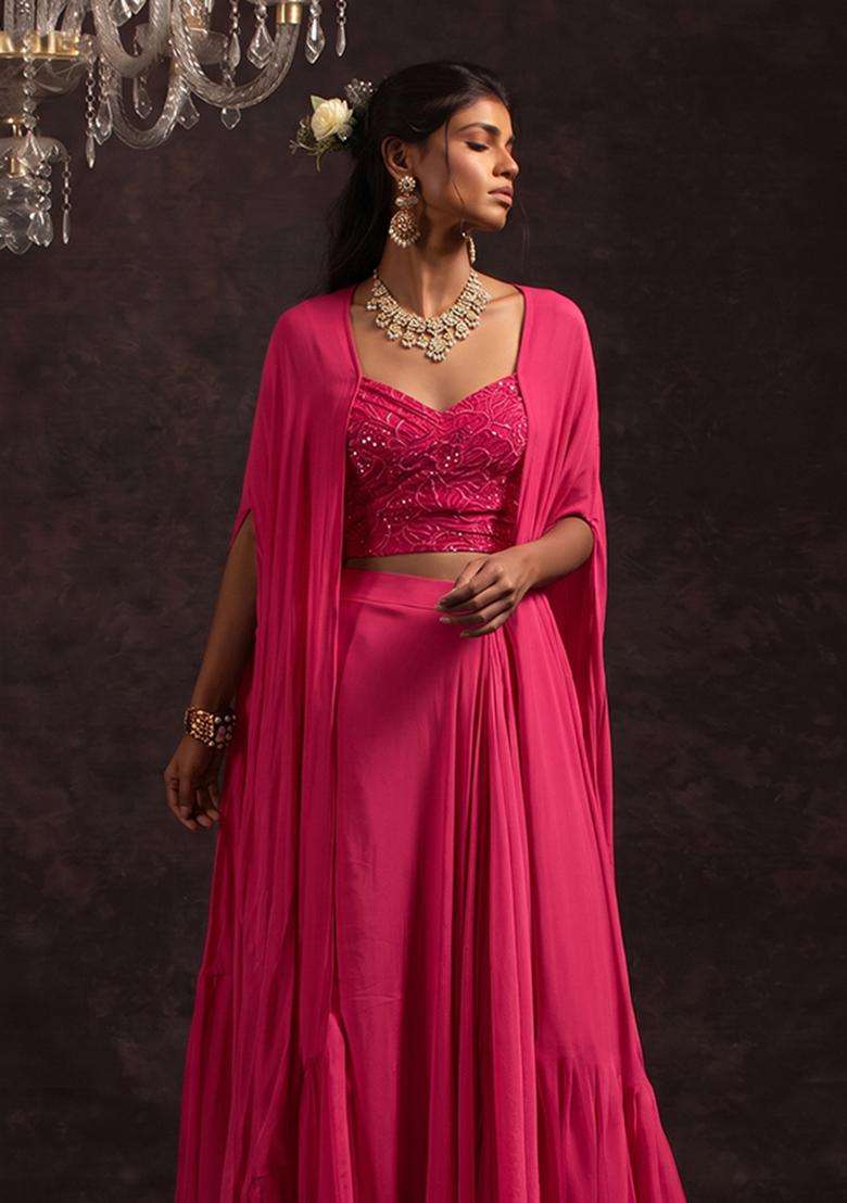 Rani Pink Embroidered Viscose Lehenga Set - Indya