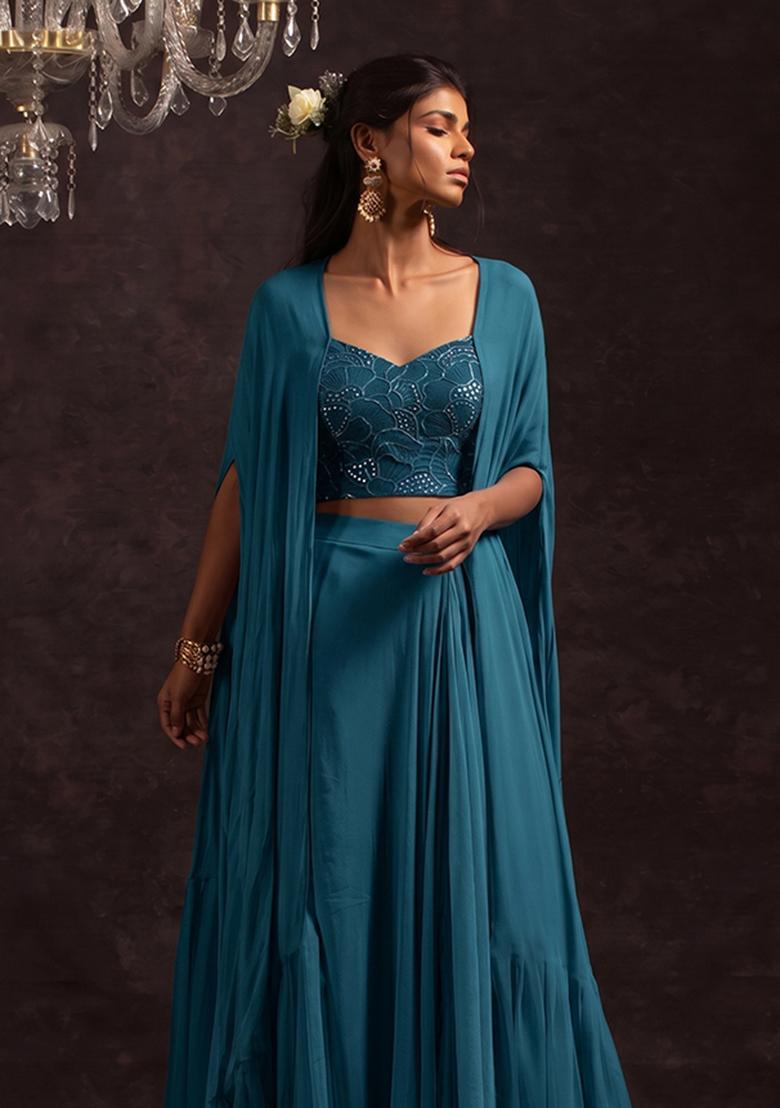 Navy Teal Mirror Work Viscose Fusion Set - Indya