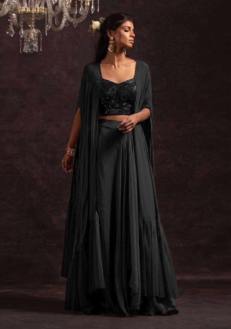Black Sequin Viscose Fusion Set for Diwali and Festive Wear - Indya