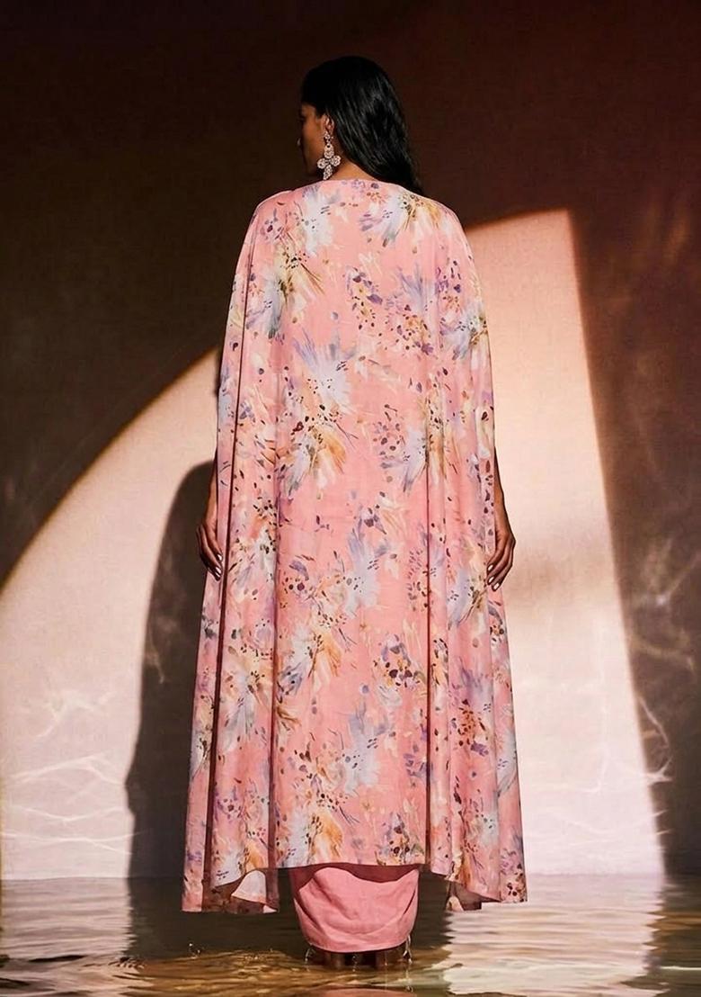 Blush Pink Embroidered Handwork Fusion Set - Indya