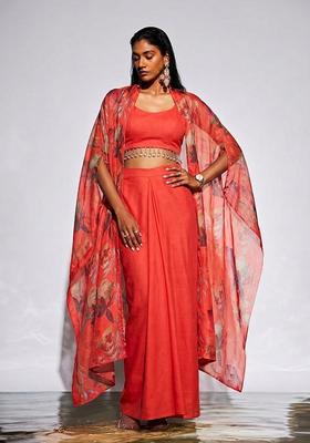 Coral Embroidered Handwork Fusion Set