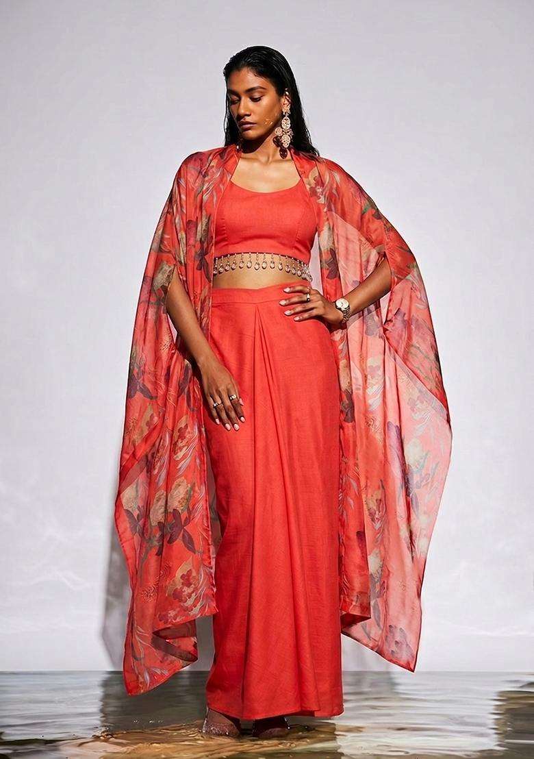 Coral Fusion Set with Embroidered & Handwork for Diwali | Wedding & Festive Wear - Indya