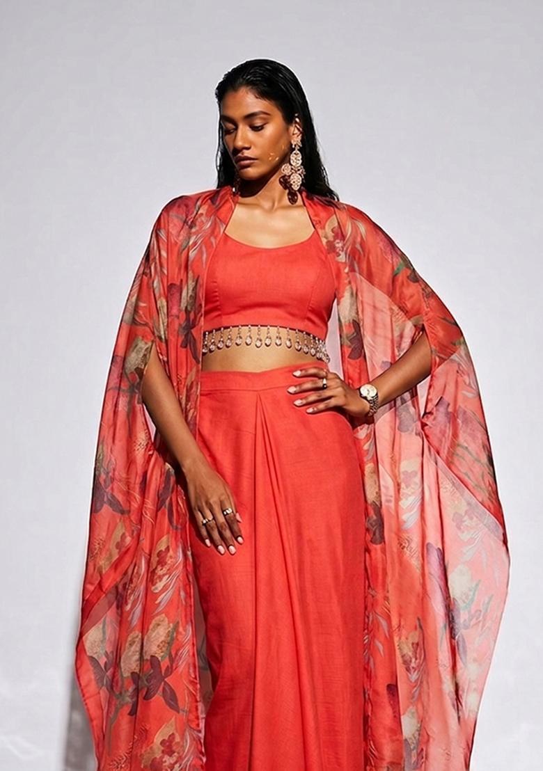 Coral Embroidered Handwork Fusion Set - Indya