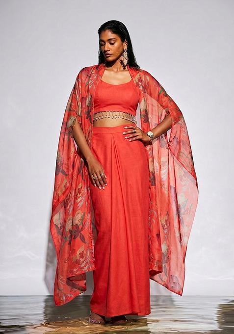 Coral Embroidered Handwork Fusion Set