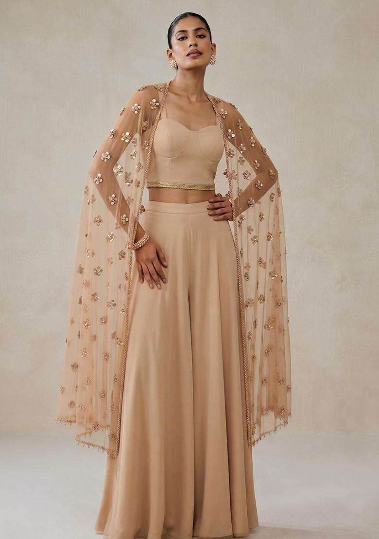 Cream Embroidered Handwork Fusion Set - Indya
