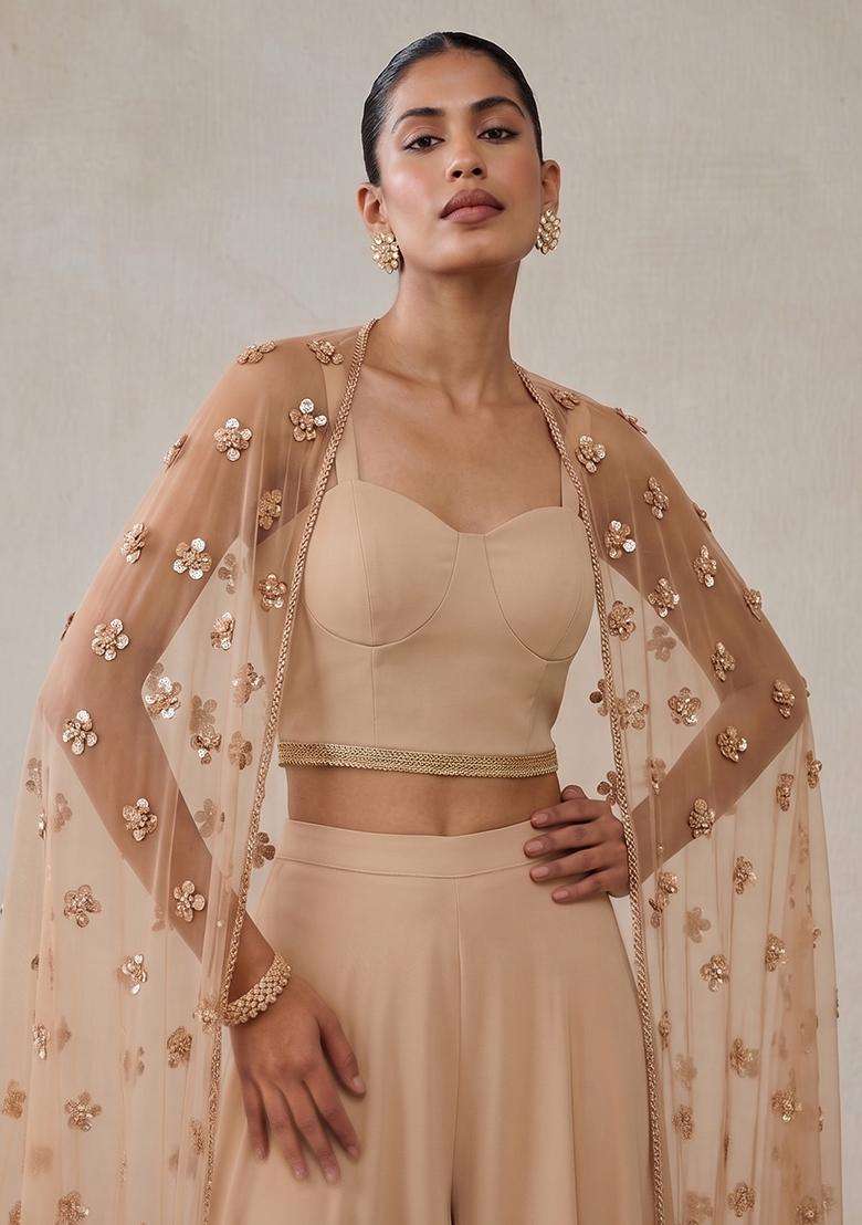 Cream Embroidered Handwork Fusion Set - Indya